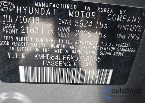 2019 Hyundai Elantra Sel/Value/Limited z USA, uszkodzony, nr VIN KMHD84LF6KU738085